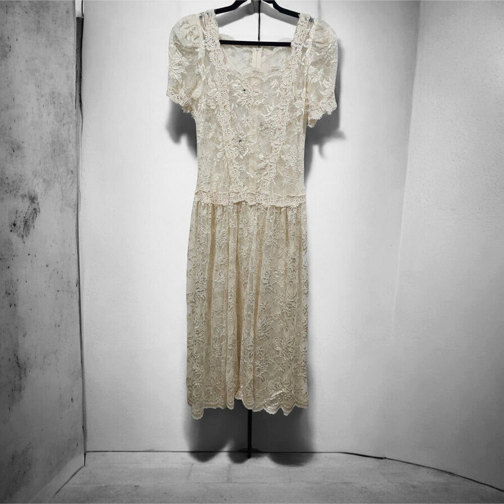 vintage 1980s Cream Lace Drop Waist Midi Dress Wedding Bridal Puff Sleeve Size S